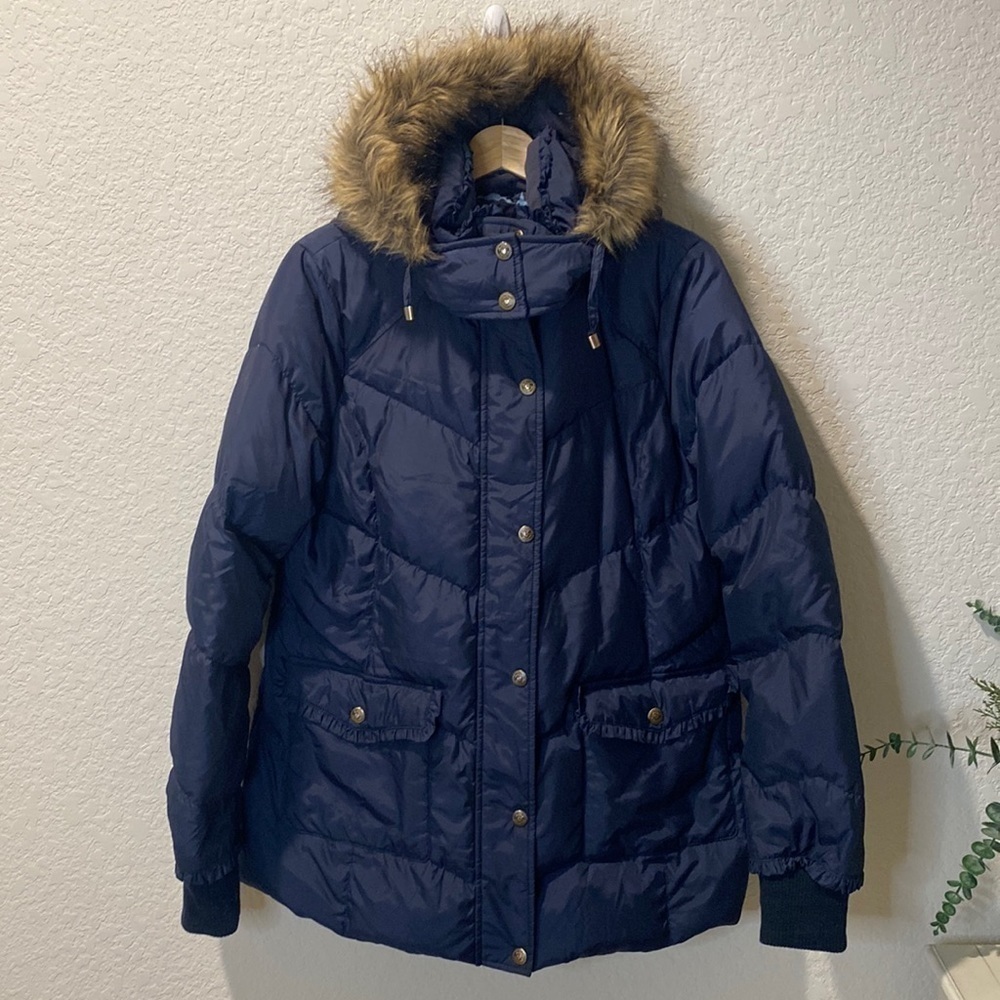 Betsey Johnson Navy Blue Ruffle Down Jacket - Large